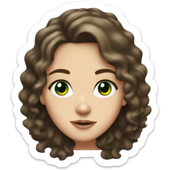 Brunette white girl with green eyes and medium length wavy hair and freckles on nose sticker