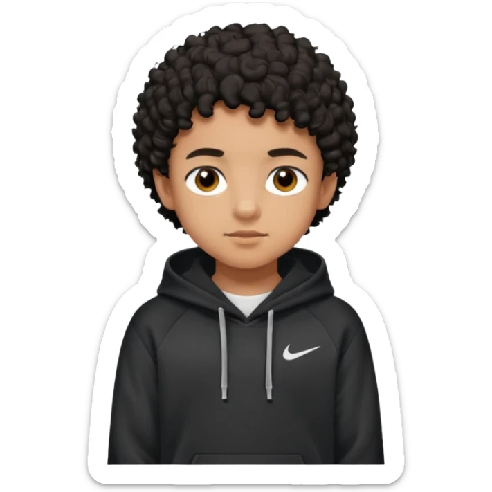 Light brown skinned boy with black curly short hair and brown eyes. Black nike hoodie sticker