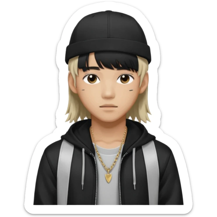 Portrait of a male K-pop idol, wearing a stylish streetwear outfit with layered clothing, long hair with bangs, makeup, wearing a black cap sticker