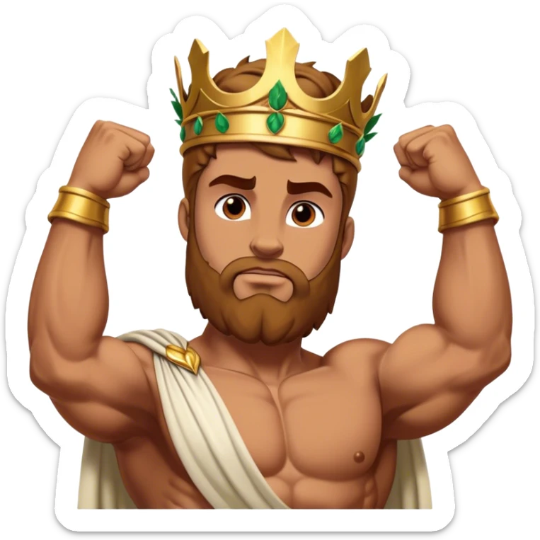 Cinematic Realistic Hercules Portrait, depicted with lifelike, sun-kissed skin and a robust, muscular physique that radiates both power and gentle nobility. His intense, kind eyes and regal expression are complemented by classical Greek attire and a laurel crown, rendered under dynamic lighting that highlights every chiseled detail. sticker