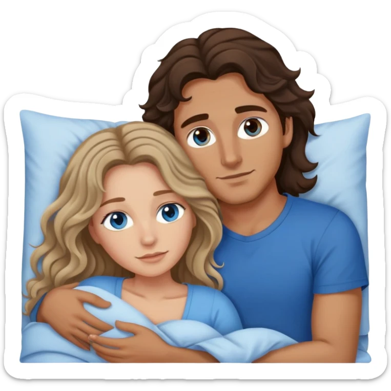 Man with dark brown wavy hair with brown eyes and one woman with long dark blond wavy hair with blue eyes in bed cuddling  sticker