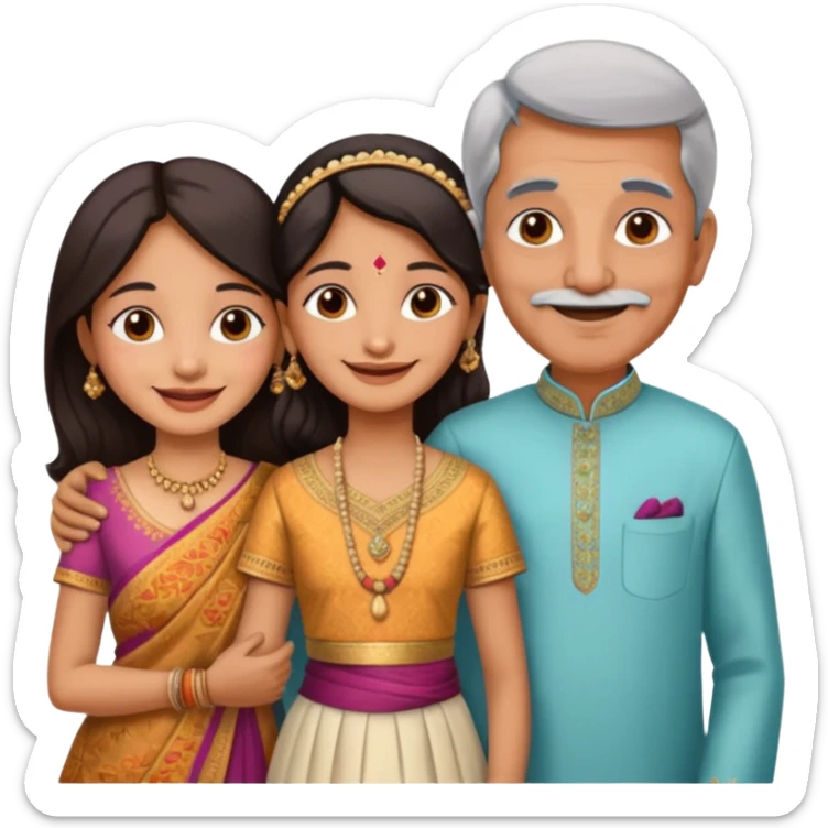 Indian family with a 70 years old father and mother and a 40 years old daughter. They wear a traditional dress. They are smiling. sticker
