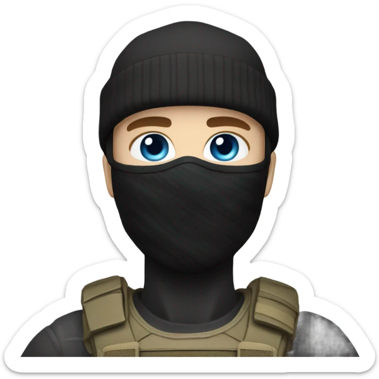 male, pale skin, call of duty black face mask, camo tactical gear, combat boots, black beanie, blue eyes sticker