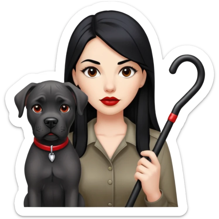 woman with long black hair and red lips next to a black Cane Corso dog with cropped ears and short tail sticker