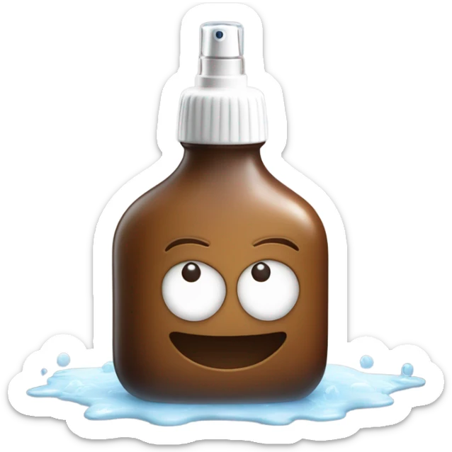 brown glass spray bottle with white top spraying small droplets of water from POV of sprayer sticker