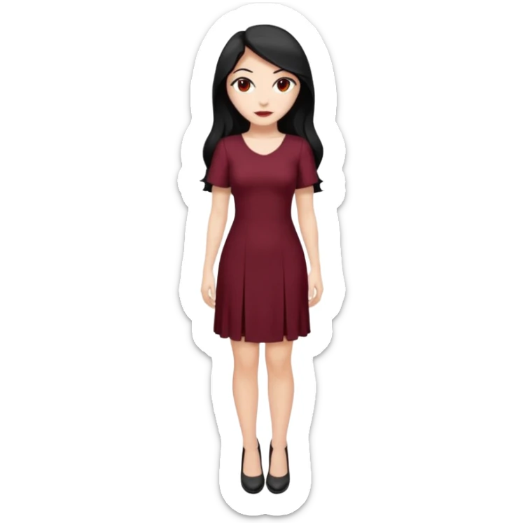 Chica blanca ,ojos marrones, vestido granate largo sexy manga corta,  cuerpo entero pelo negro y largo zapatos negros sexys sticker