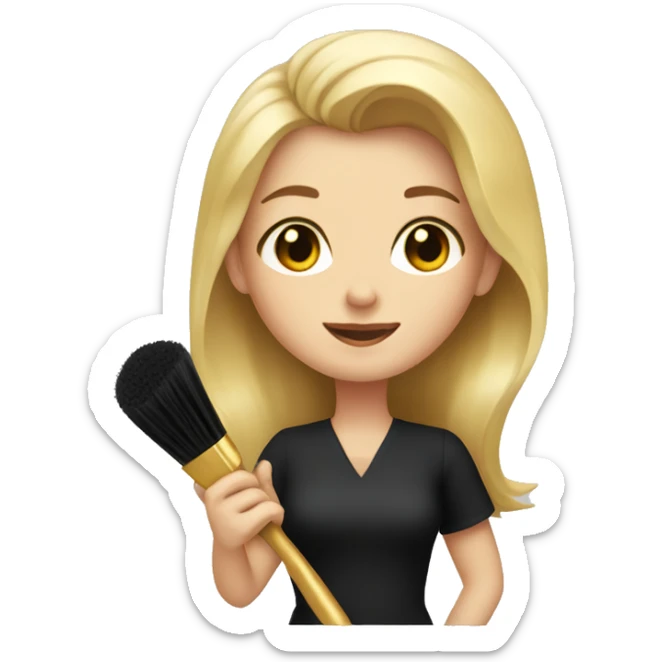 A blonde tall girl with a black apron and gold hair brush in a hand sticker