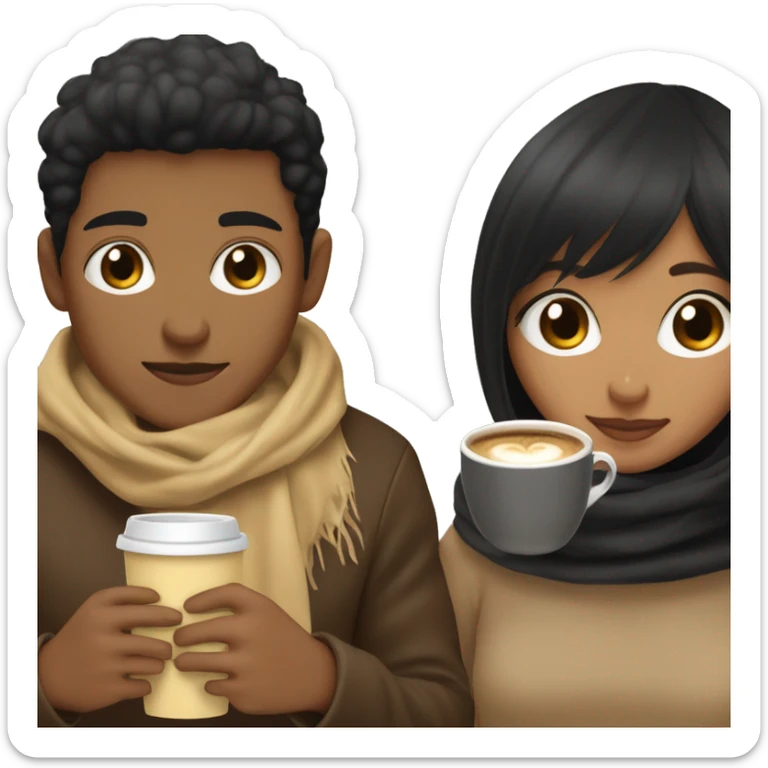 LIGHT BROWN SKIN BOY, with SHORT STRAIGHT BLACK HAIR and a TAN SKIN GIRL, with BLACK HAIR and BANGS, inside the same blanket sipping coffee sticker