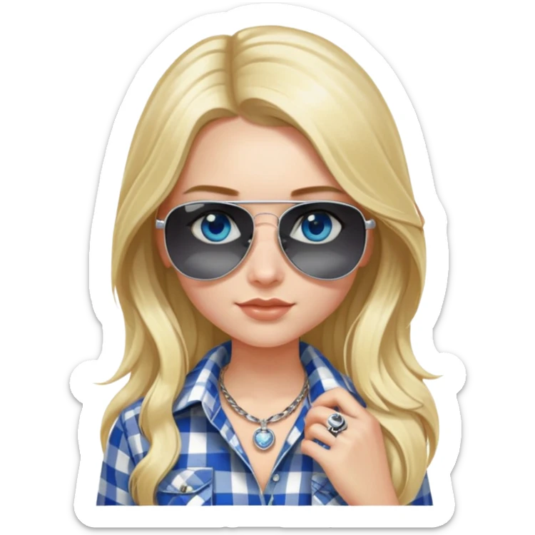 girl with long blond hair, wearing black and white plaid shirt, with blue eyes and aviator sunglasses, wearing a ring on her silver necklace around her neck sticker
