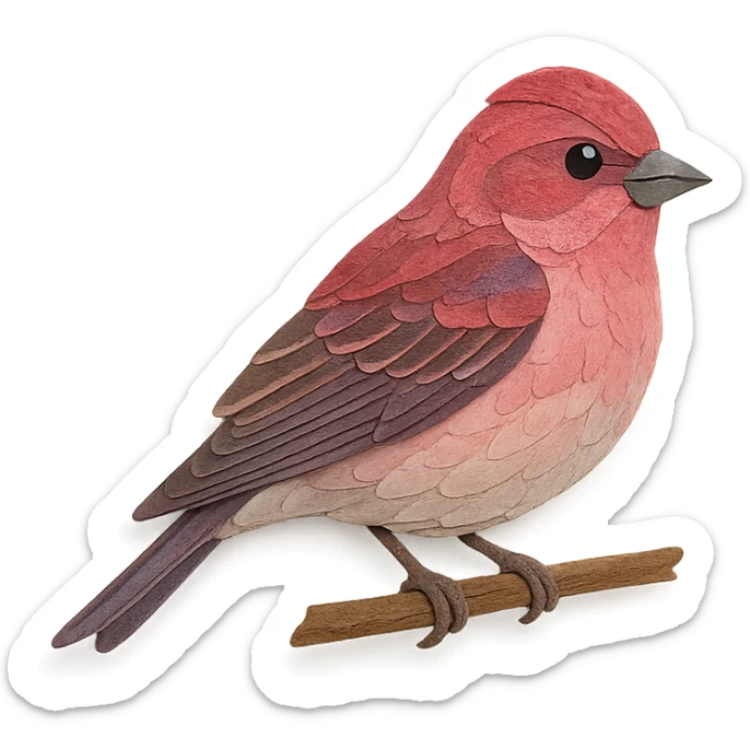 purple finch sitting on a branch, delicate paper layers, realistic feather patterns, subtle color variations sticker
