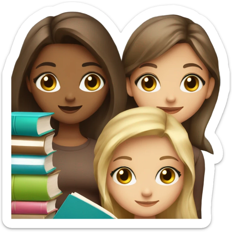 4 cute girls with cute books. 2 girls blonde with green eyes. 1 brunette with blue eyes and 1 brunette with brown eyes. all holding books sticker