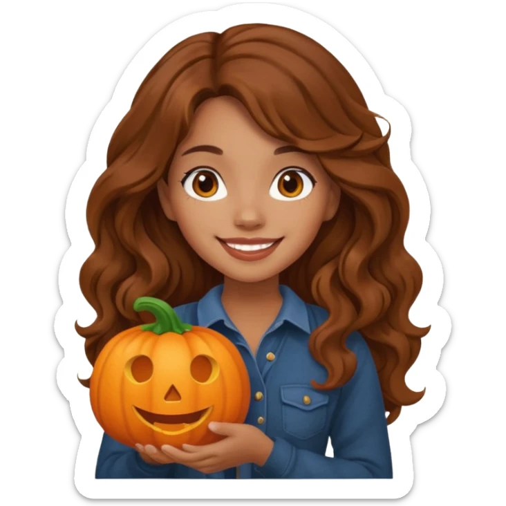 Cozy mixed girl with long wavy brown hair dressed for fall holding a pumpkin  sticker