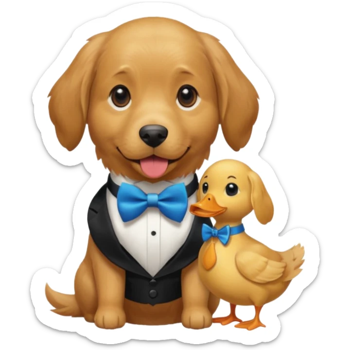 A dog holding keys in one hand and a duck in the other, all with a half-red, half-blue bow tie. sticker