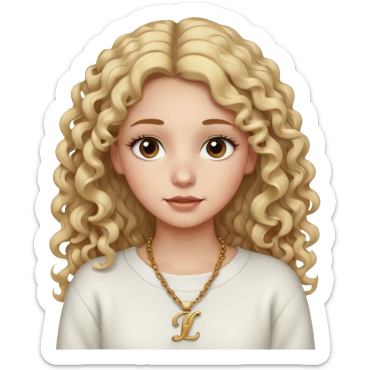a dirty blonde girl with brown eyes and make her wearing a white sweater and a smallnecklace with I intial with really long curly hair and white skin color, long hair and really big lashes sticker