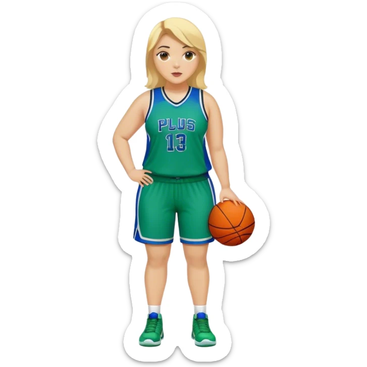 Full Body white plus size Girl coach playing basketball with blonde hair in blue and green uniform sticker