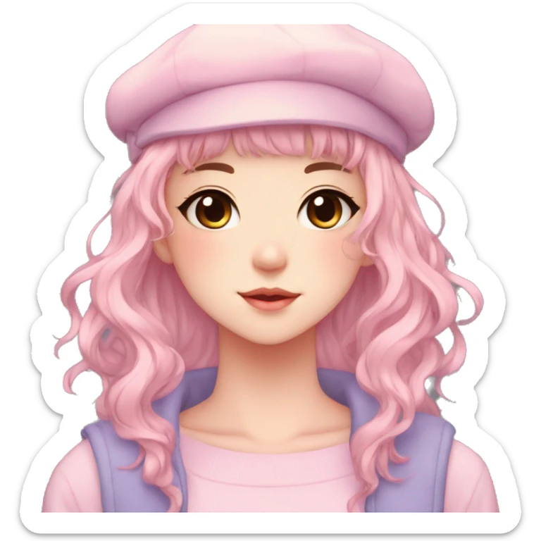 Gorgeous pastel anime girl with blushing face and hair garnitures and pretty hair and a beret aesthetic trending style sticker