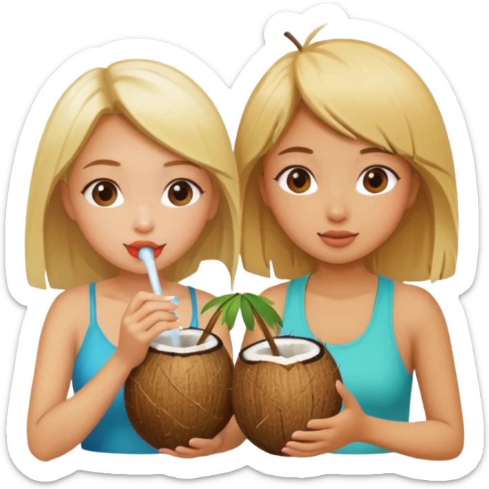 Two girls drinking out of a coconut one is Asian the other one is blonde  sticker