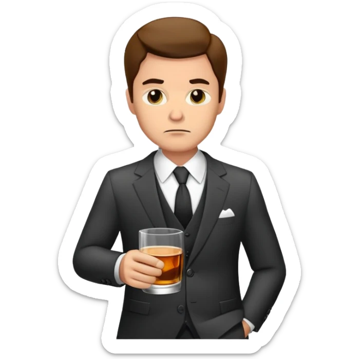 businessman in suit holding a glass of whiskey, looking tired sticker