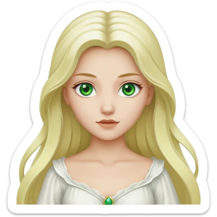 Desdemona from Otello with white skin, green eyes, long blonde hair, white outfit sticker