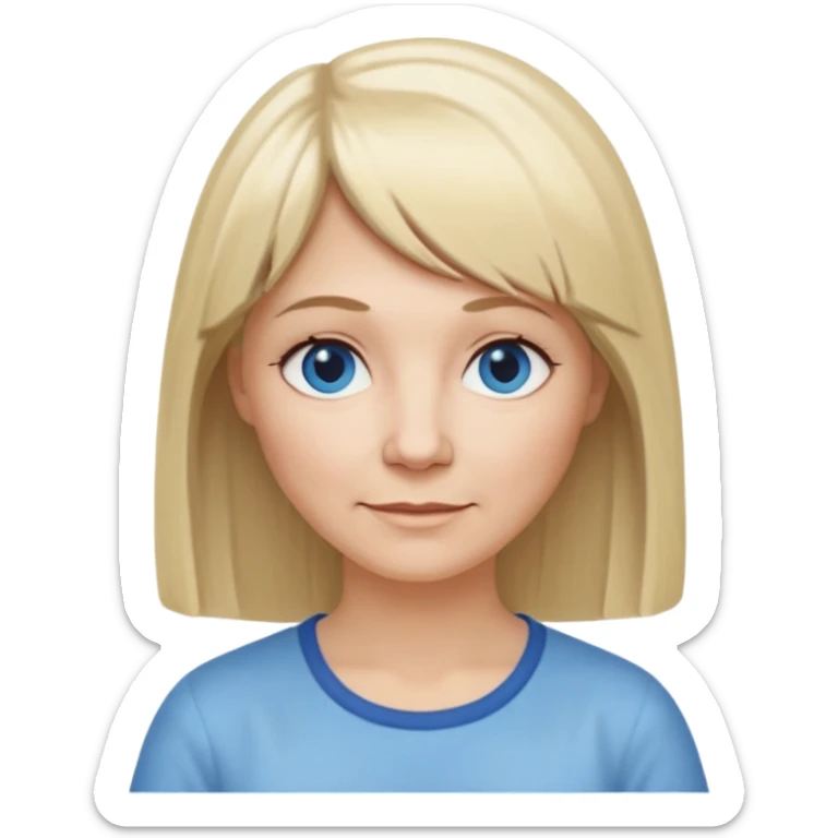 50 yr old white woman, hippie part short bangs, very long straight blond hair, oval face, small smile, blue eyes, thin face, hair downback, hair parted at center of head, round cheeks, pale, longer hair, white shirt sticker