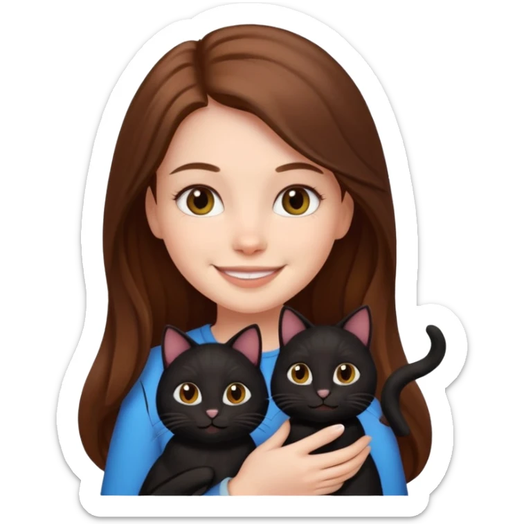 cute white girl with long brown hair, smiling, holding two black cats, emoji style sticker