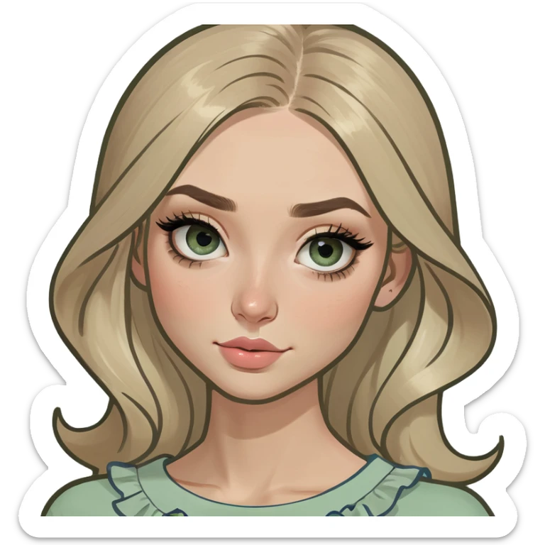 Emoji girl with small close-set blue eyes and eyeliner, long and straight eyebrows, long round nose, wide not full lips, long oval face shape, long blonde hair in cute ruffle beige top sticker