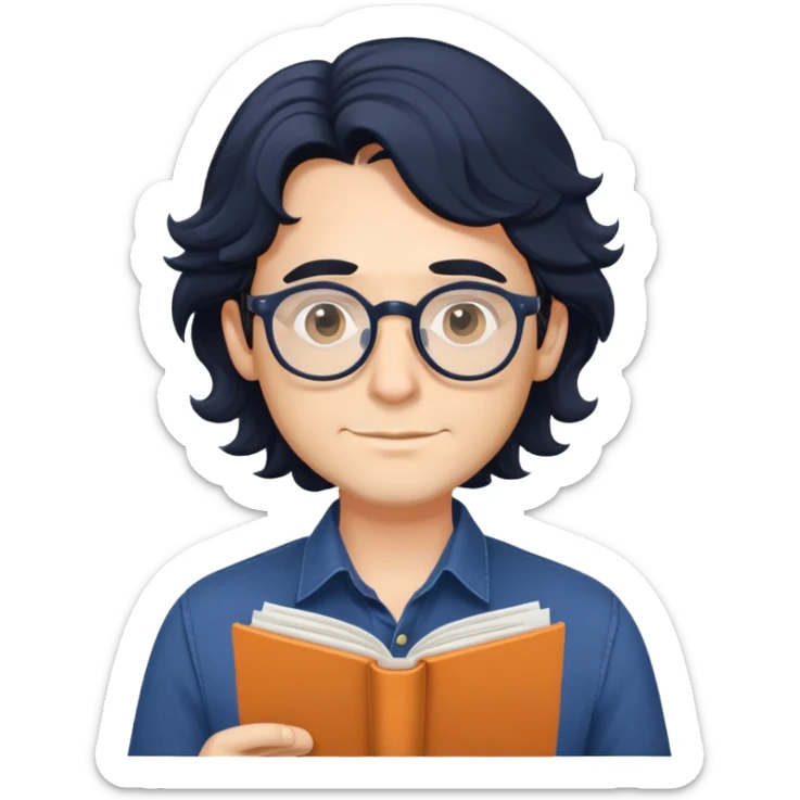 Man with longer wavy black hair, round glasses, dark blue buttoned shirt, holding program booklet for a play sticker