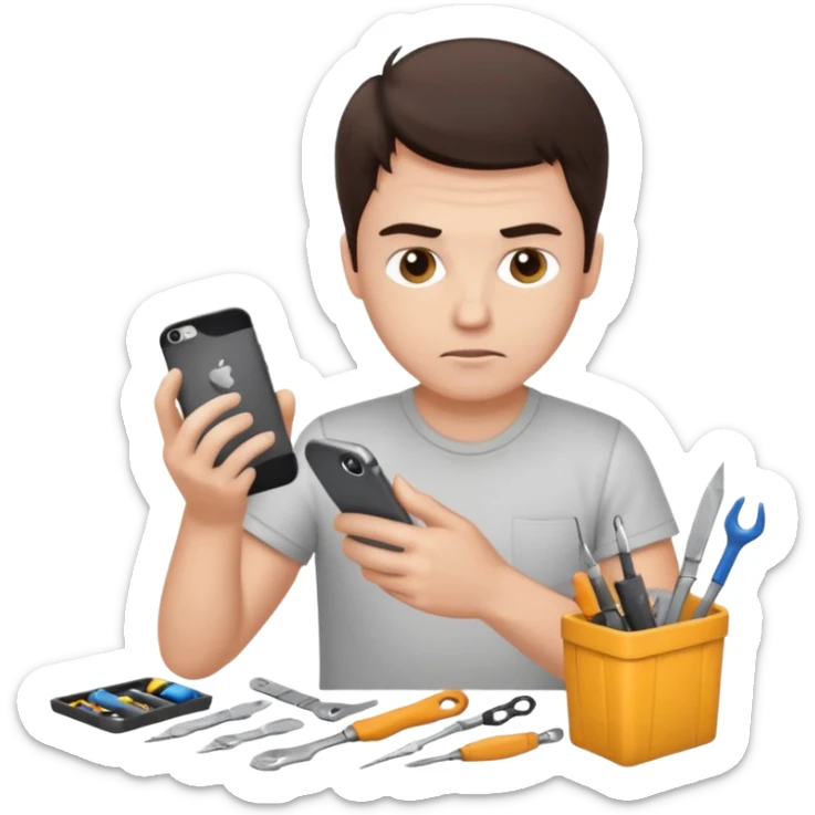 make a white guy with dark brown hair, with a simple white o grey shirt, repairing an iphone, un tecnico sticker