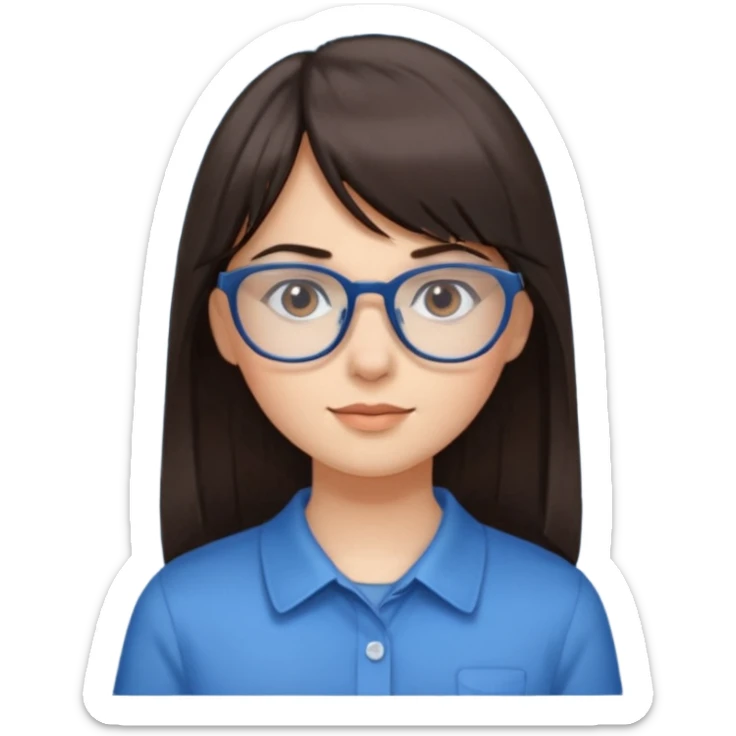 Girl with long dark brown hair and straight bangs is wearing  glasses and a blue shirt  sticker