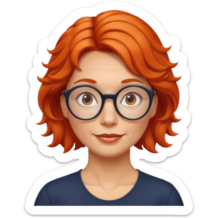 Norwegian woman, middle-aged, red-orange wavy hair tied to the left, large round glasses, friendly look sticker