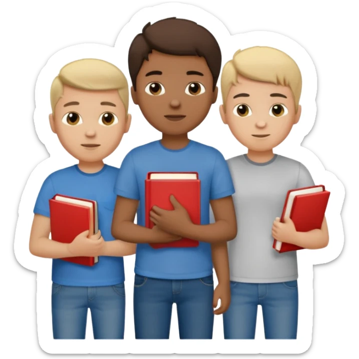 generate a group of 3 boys, all different looking.Holding books. one of them calling on a mobile sticker
