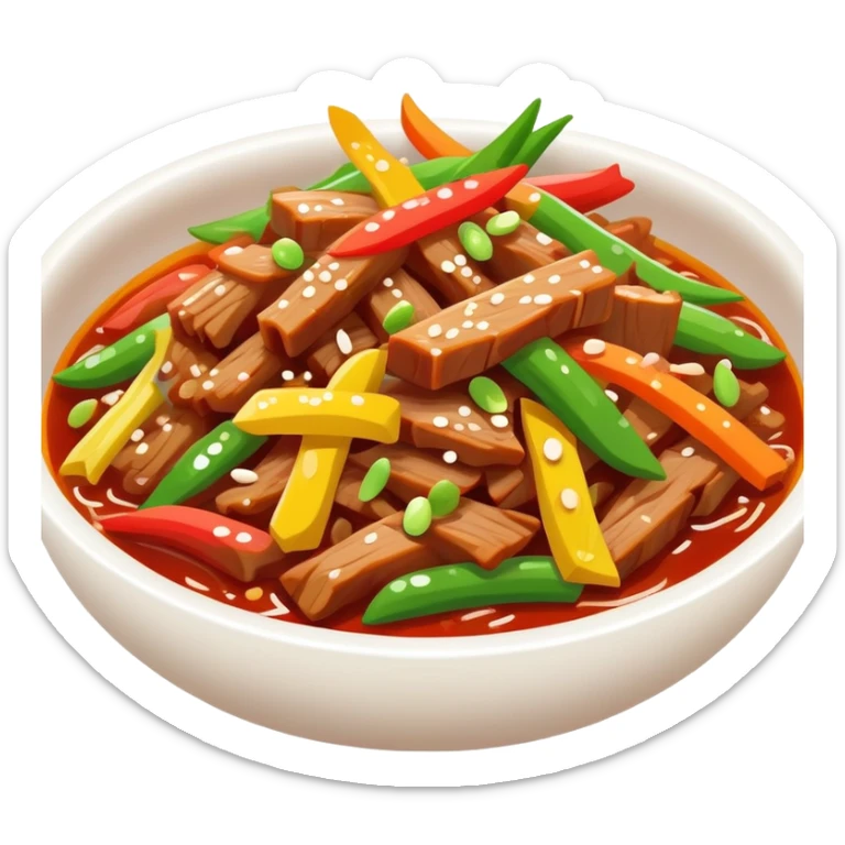 Yuxiang shredded pork Sichuan dish with colorful vegetables, simplified emoji style with bold outlines and bright colors, cartoon style sweet and sour pork strips sticker