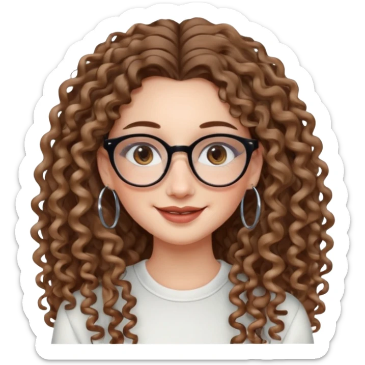 cute whilte girl with not volominous VERY LONG curly hair with balayage, brown eyes, full lips, natural clean girl makeup and hoop earrings and glasses sticker