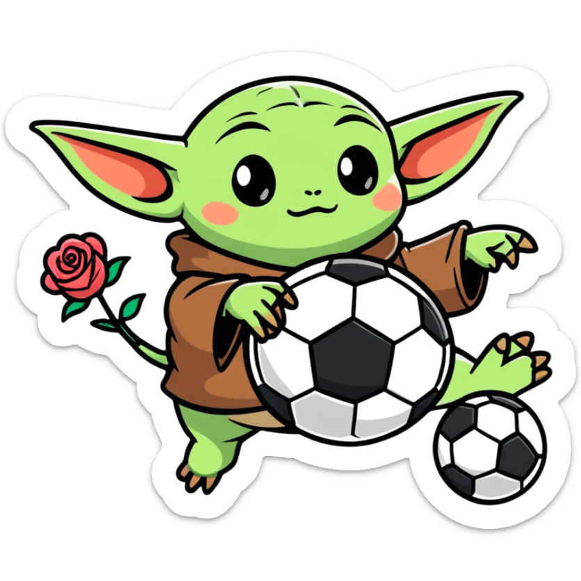 baby yoda kicking a soccer ball with small roses beside him sticker