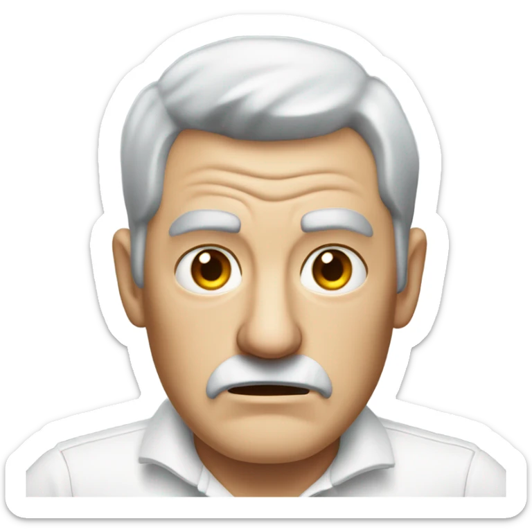 old angry english man, grey hair, no facial hair. wearing a white smart polo shirt with black buttons. sticker