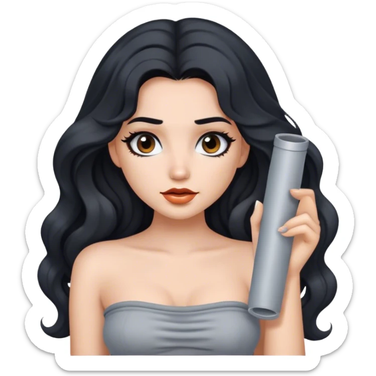 Girl with long wavy black hair with makeup on and a gray tube top sticker