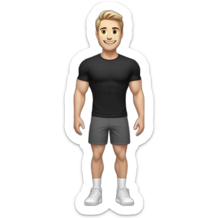 Joyful Pale skinned Fit Man With the biceps and dark brown hair in black shirt, gray sports shorts and white Sneakers sticker