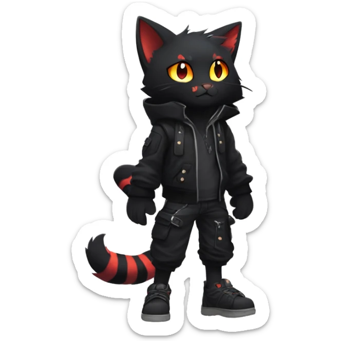 Edgy Shy Anthro boyish cool pretty dark black Litten-Pokémon-cat-fursona techwear sticker