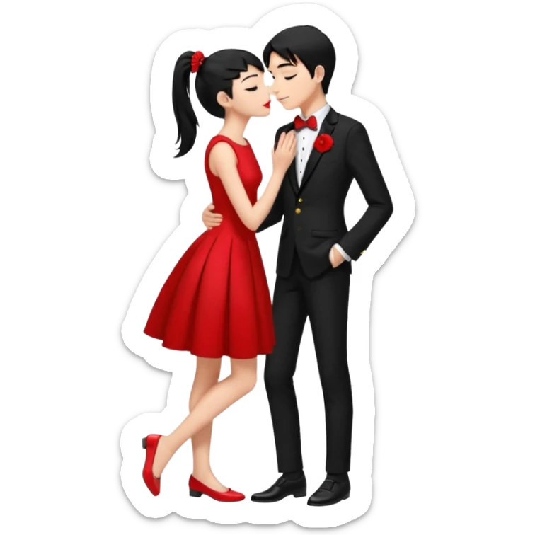 Make a girl has 18 years old black ponytail red dress, red flat and a boy has 19 years old black hair black tuxedo black shoes boy and girl kiss sticker