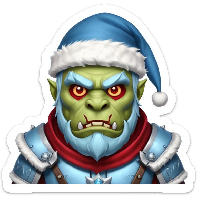 
Fantasy Christmas orc legion soldier icon, iron tundra army theme, heavy winter armor, disciplined brutal look, icy blue steel armor with deep crimson accents, frozen metal texture, cold winter atmosphere, male variant sticker