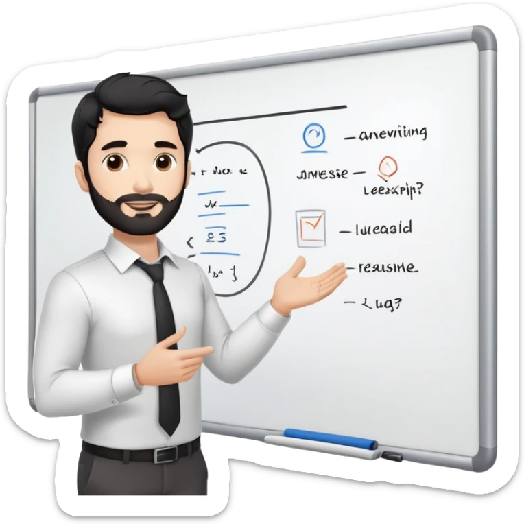 Professional 35-year-old man with black wavy hair, stubble, strong jawline, white skin tone, wearing smart casual business attire, standing in front of a diverse group, facilitating an interactive leadership workshop with whiteboard and participants sticker