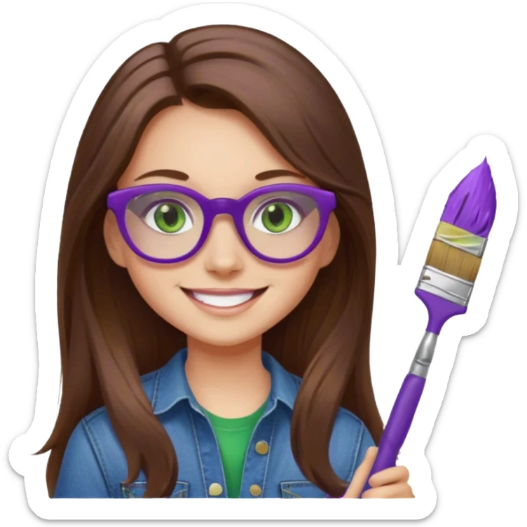 Girl, long brown hair, green eyes, purple glasses, jeans, smiling with a paint brush sticker