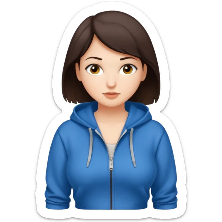 Pretty, sexy, slightly curvy white woman with short dark brown hair, wearing only a tight, front zippered hoodie sticker
