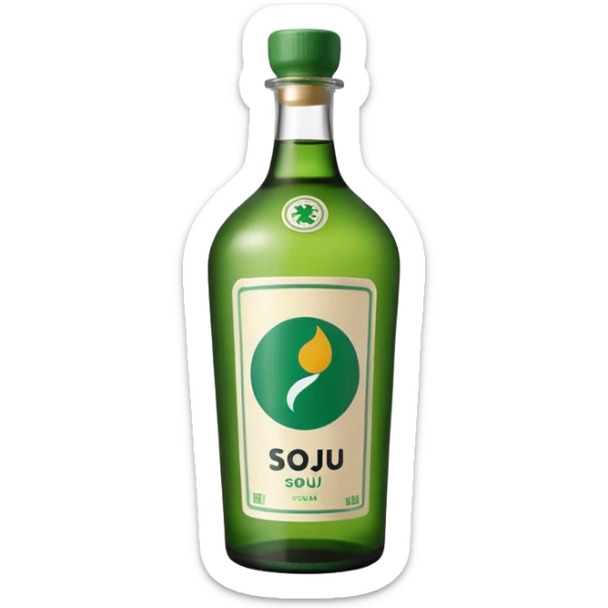 Minimal realistic emoji of a green Korean soju bottle, smooth glass texture, simple Korean label, soft studio lighting, clean background, centered composition, modern emoji design, high quality, 1:1 square sticker