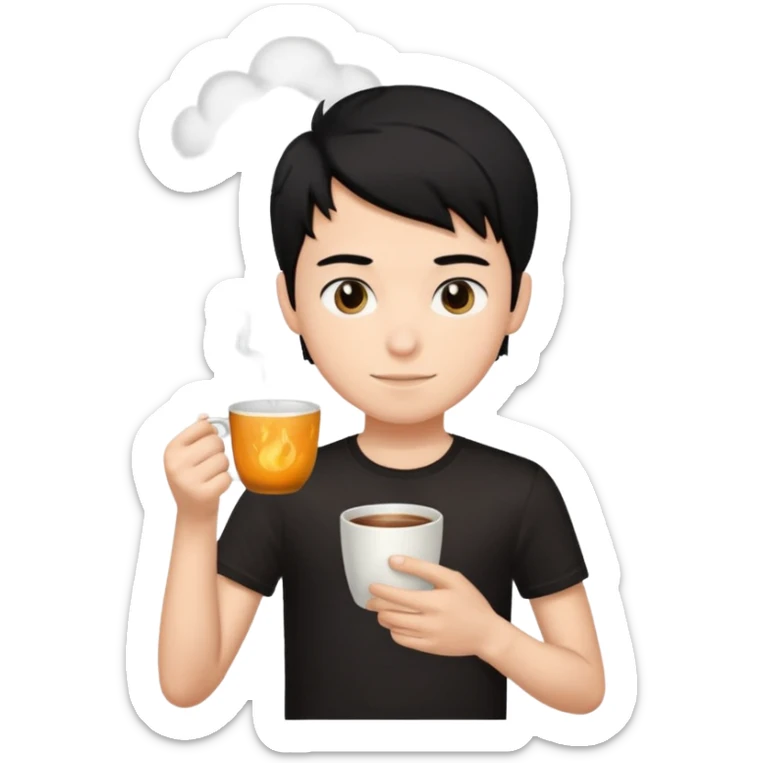The boy teen have a black hair, and black T-shirt with a cup of tea sticker