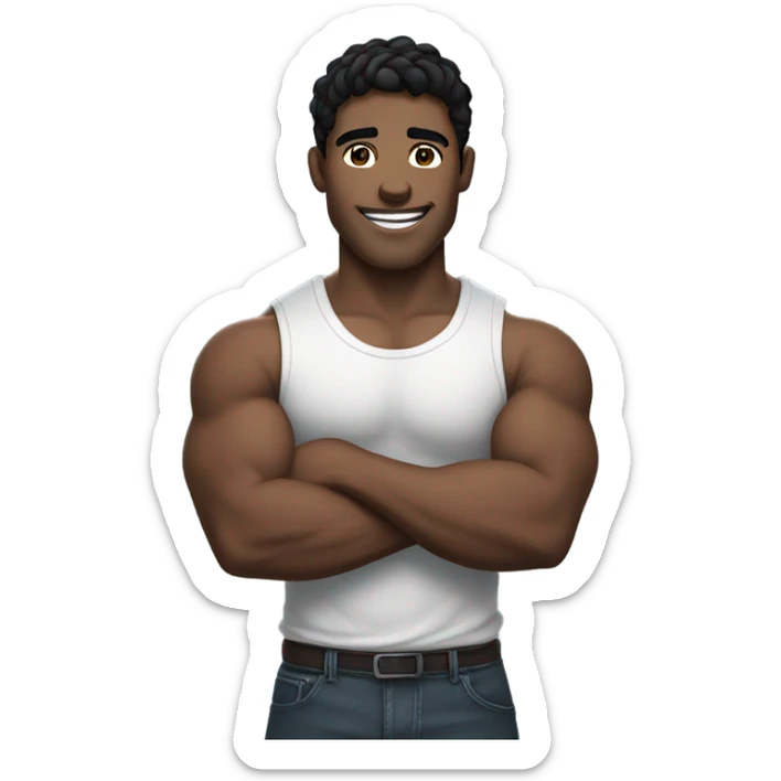 man with white skin, black hair and light eyes smiling while his muscular arms are crossed at chest level, he stares. sticker