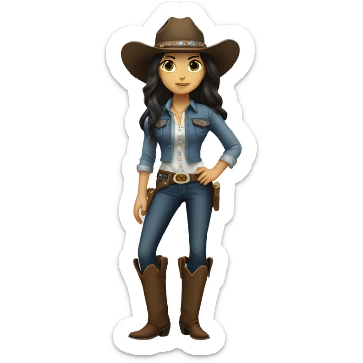 Cowgirl, full body, long dark hair, white skin, big head sticker