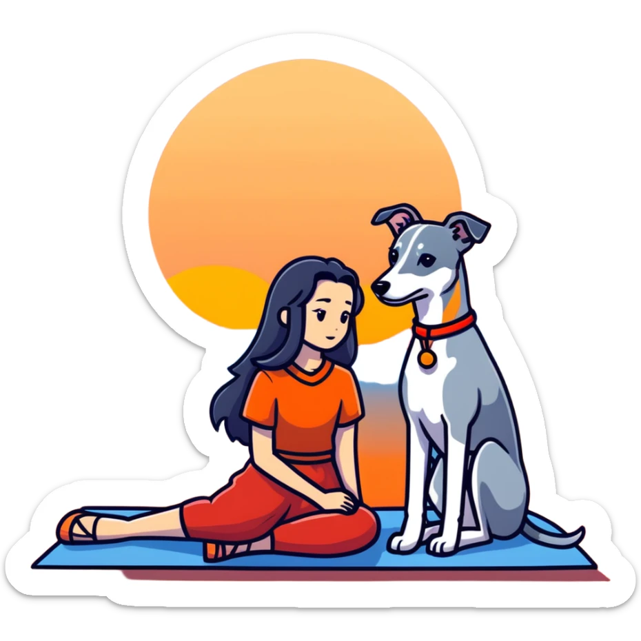 A very beautiful and attractive 25-year-old Chinese woman with long flowing black hair and a SOLID DARK GREY whippet sitting together during a beautiful sunset. The whippet MUST be COMPLETELY SOLID DARK GREY with ABSOLUTELY NO WHITE MARKINGS ANYWHERE - no white chest, no white face, no white paws, no white tip on tail - ENTIRELY ONE SOLID DARK GREY COLOR throughout the entire dog. Orange and red sunset sky in the background. sticker