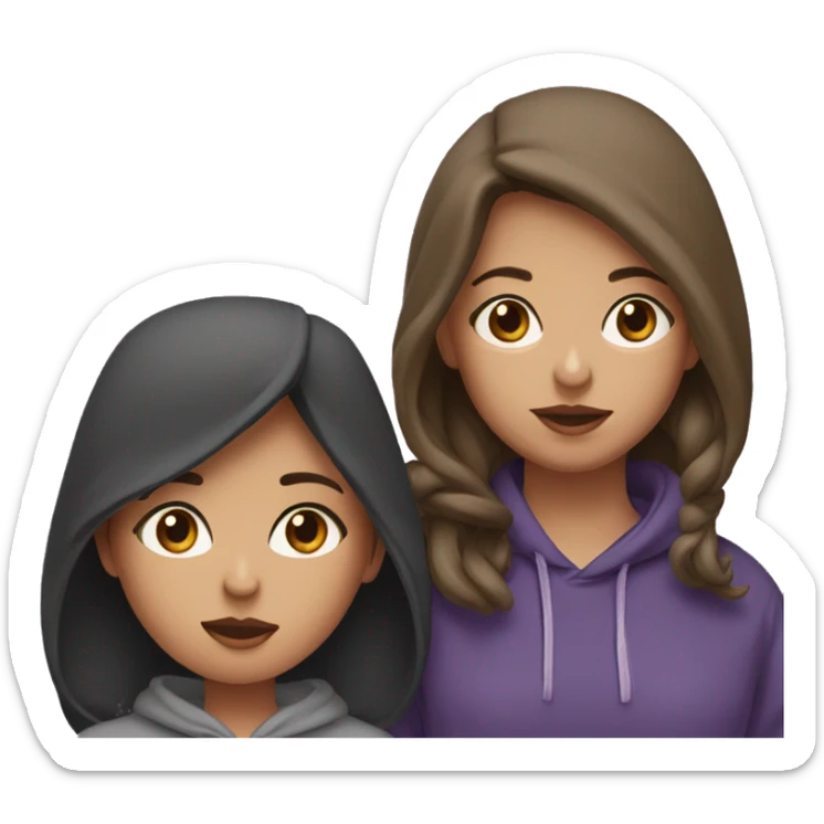 A girl with brown hair in a gray voluminous hoodie kisses a girl with brown hair in a purple T-shirt and a black sweatshirt sticker