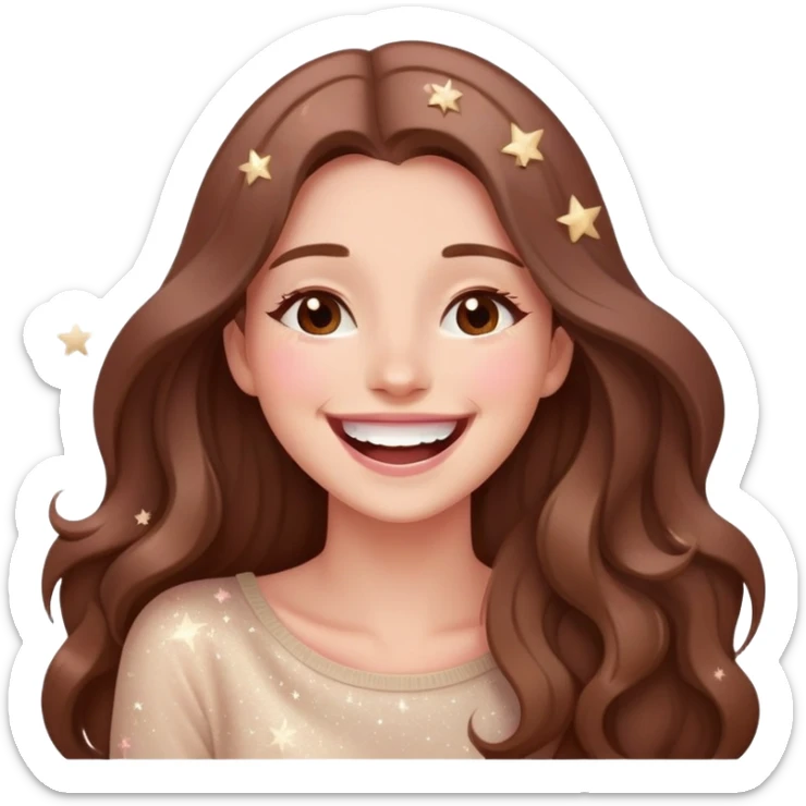 Woman with long brown hair laughing with stars and sparkles, light beige and pink color scheme girl with long brown hair laughing with stars and sparkles, light beige and pink color scheme sticker